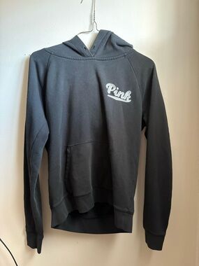 PINK Victoria's Secret Black Crewneck Hoodie with White Script Logo
